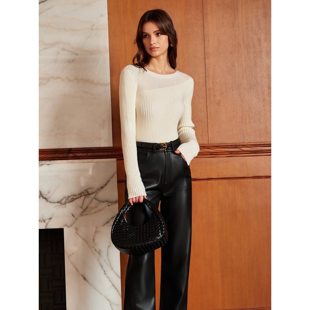 Commense Ribbed Knit Sweater Cream Long Sleeve Crew Neck Pullover‎ Classic Top